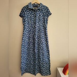 Vintage Blue Denim 100% Cotton Floral Dress Size 8